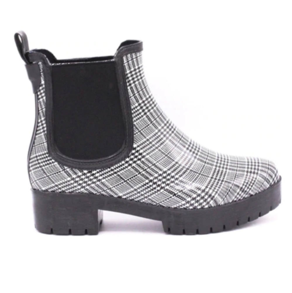 Jeffrey Campbell Cloudy Plaid Rainboots black white women ankle size 8